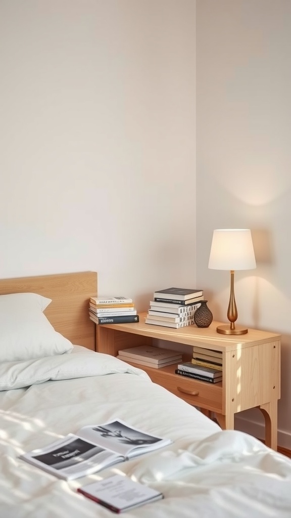 A cozy bedroom with a light wood bedside table, books stacked on top, and a lamp providing warm light.