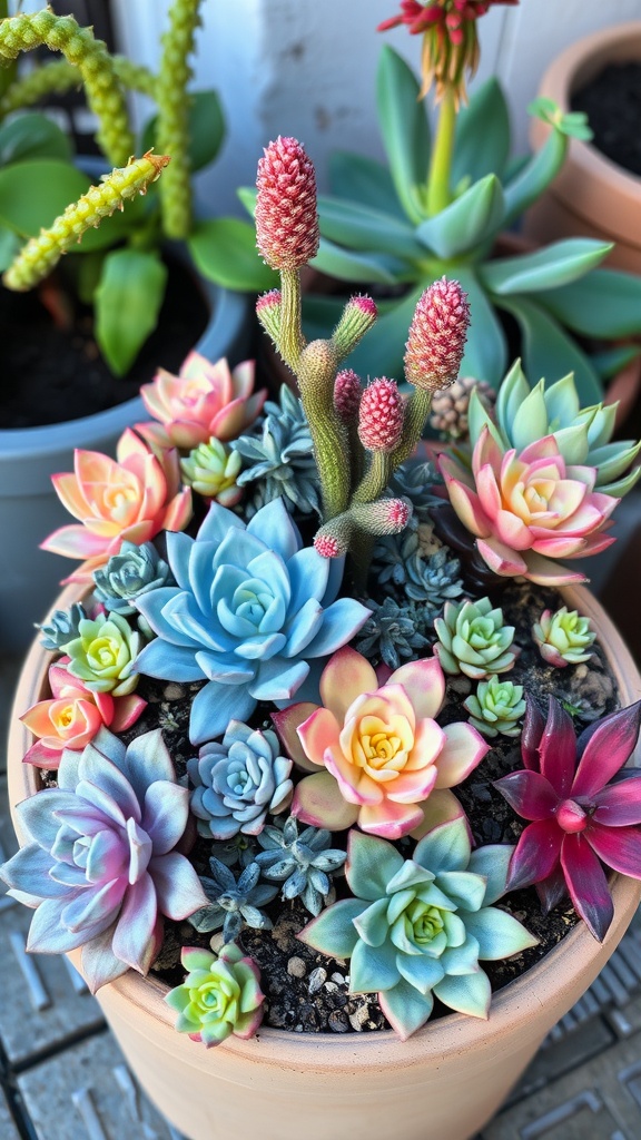 A container garden filled with colorful succulents in various shapes and sizes.