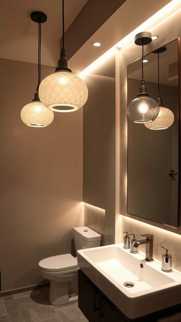 A stylish ensuite bathroom with creative lighting solutions, featuring pendant lights and recessed lighting.