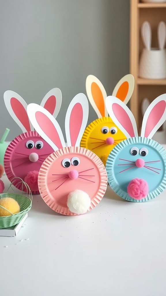 Colorful paper plate Easter bunnies with pom-poms and googly eyes