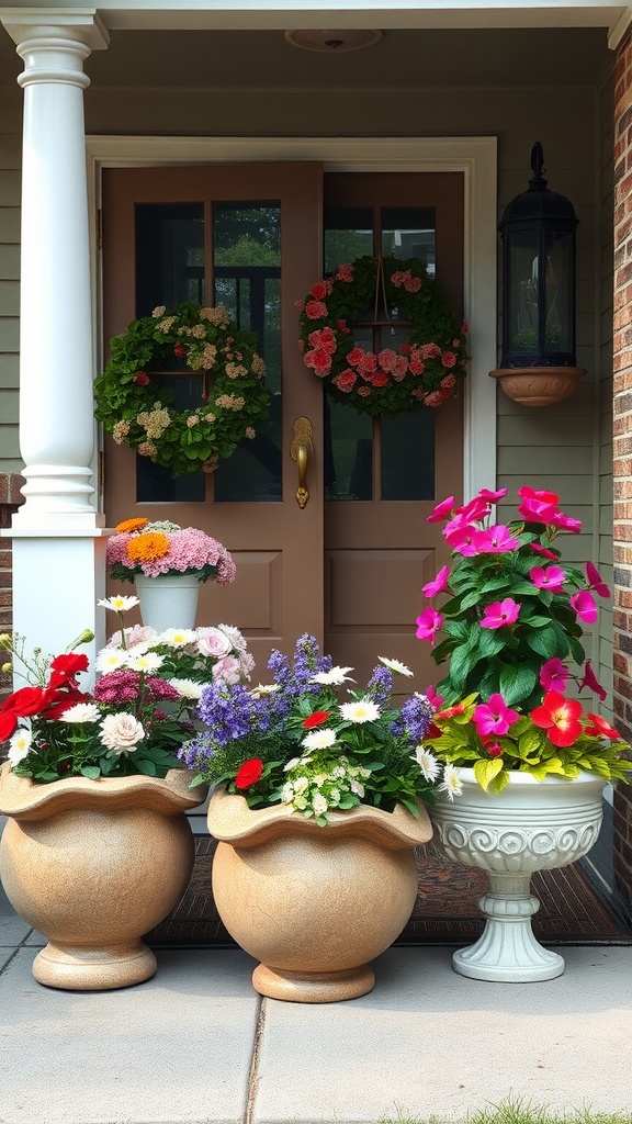 Colorful planters filled with flowers on a front porch