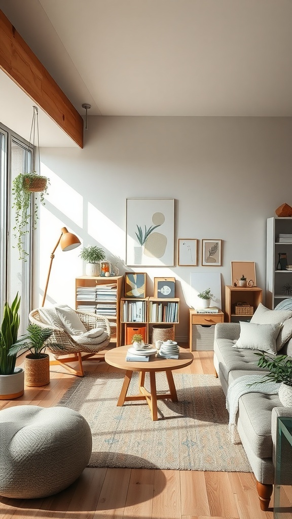 A modern boho living room with comfortable seating, a round coffee table, and lots of natural light, perfect for arts and crafts.