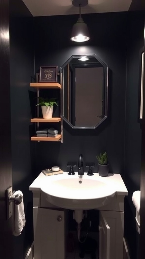 A small dark bathroom featuring a floating shelf, a round sink, and a stylish mirror.