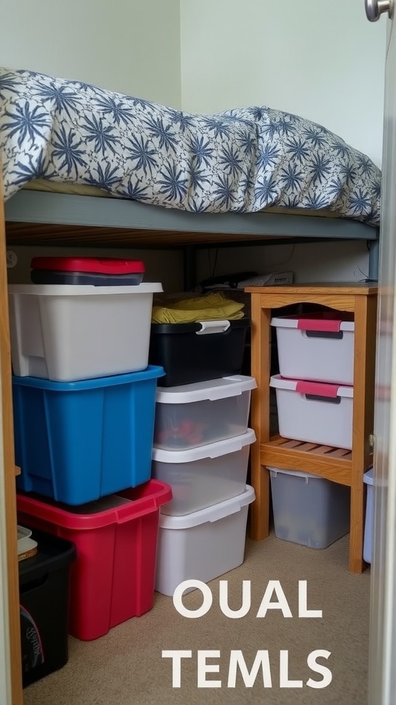 Colorful storage bins under a bed with a patterned bedding on top