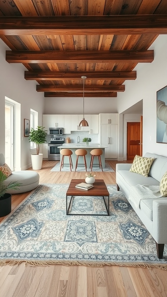 A modern living room and kitchen area showcasing a stylish area rug that defines the living space.