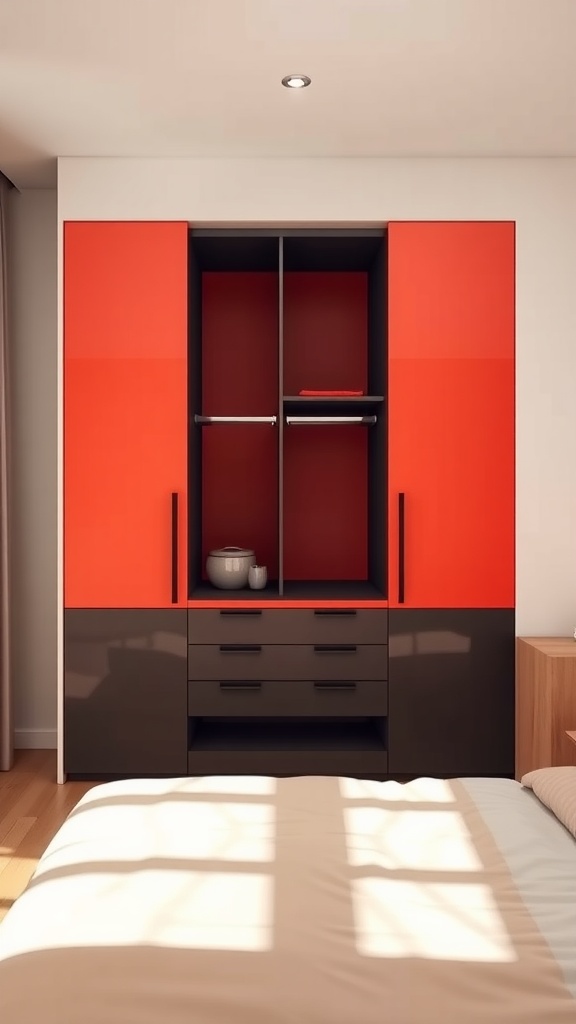 A built-in wardrobe with red and black color blocking