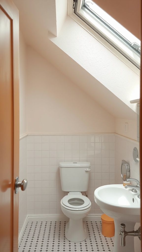 A small bathroom with a slanted ceiling, featuring light-colored walls and a touch of orange decor.