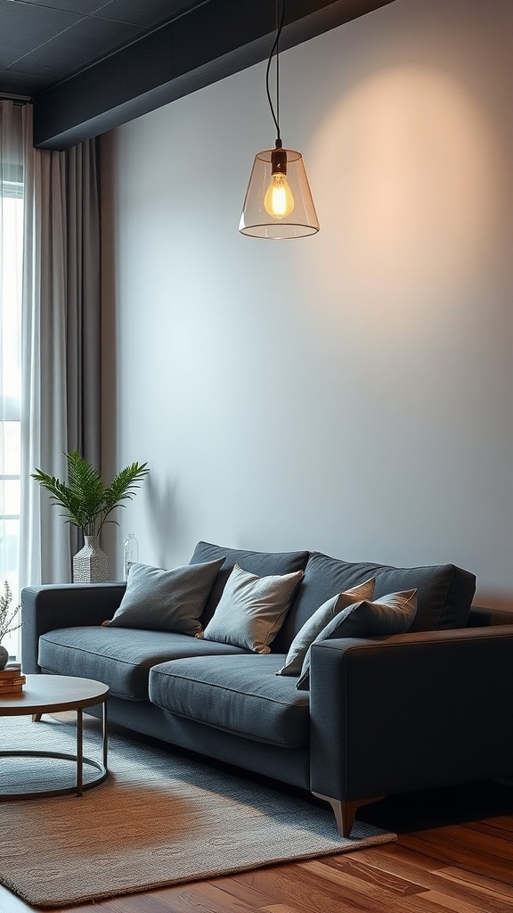 A stylish dark gray couch in a living room with a unique pendant light and a natural light source from a window.