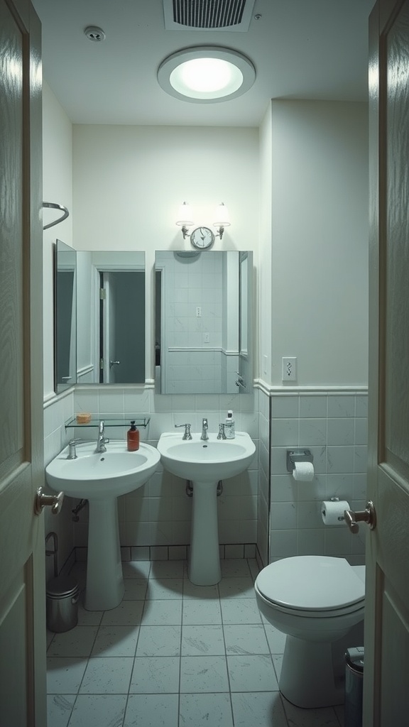 A small bathroom with multiple mirrors, bright lighting, and modern fixtures.