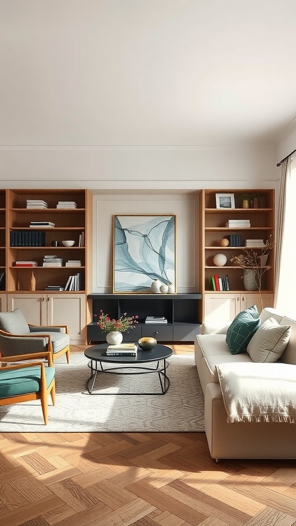 A cozy living room with wooden flooring, built-in shelves, and modern furniture, showcasing creative use of space.