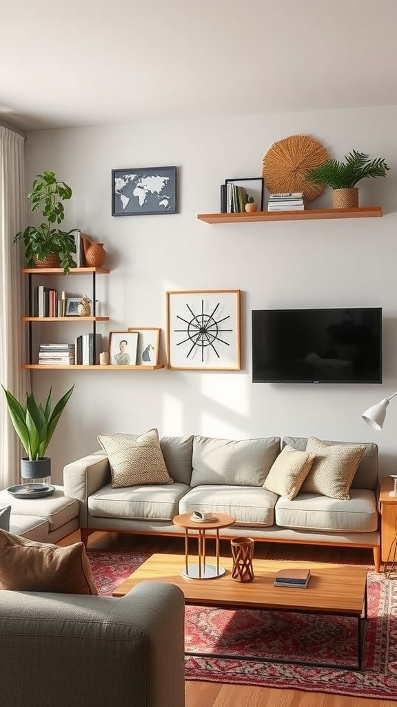 A cozy mobile home living room featuring creative vertical space utilization with shelves, plants, and a wall-mounted TV.