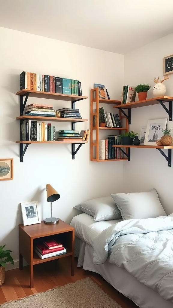 A small shared bedroom featuring wall-mounted bookshelves filled with books and plants, a neatly made bed, and a bedside table with a lamp.