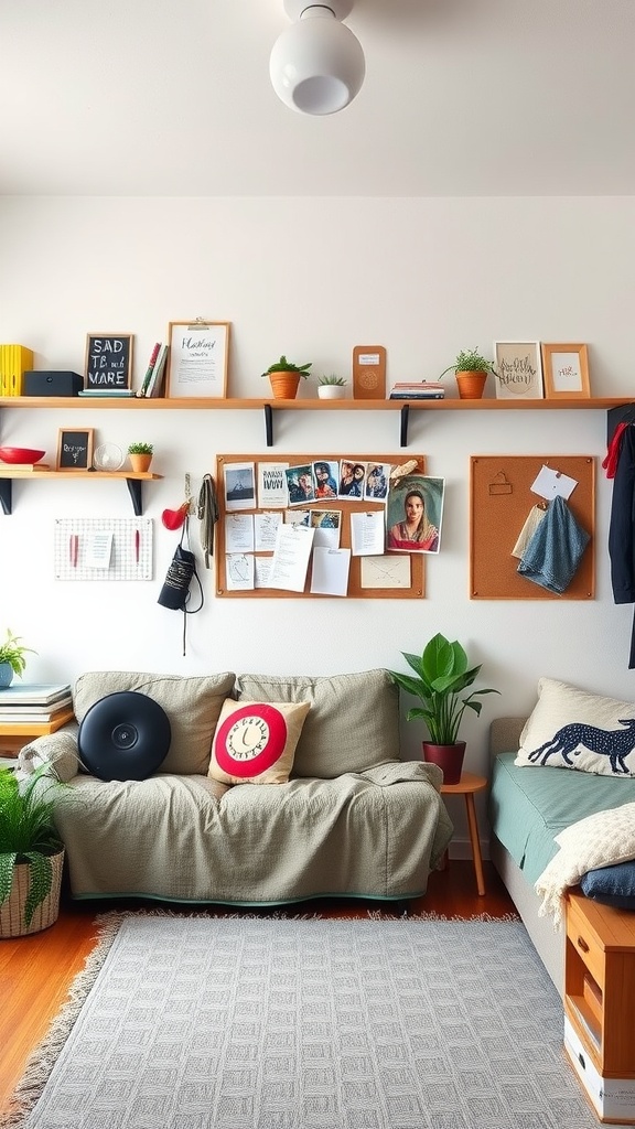 A cozy dorm living room with creative wall space utilization featuring shelves, plants, and a bulletin board.