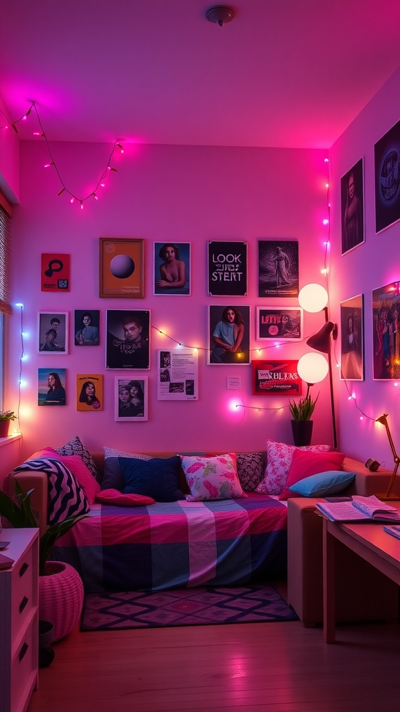 A cozy dorm living room with colorful wall art, string lights, and a comfortable couch.