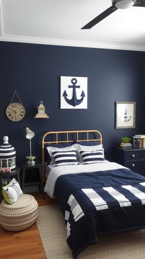 A cozy nautical-themed bedroom featuring navy walls, striped bedding, and maritime decor.