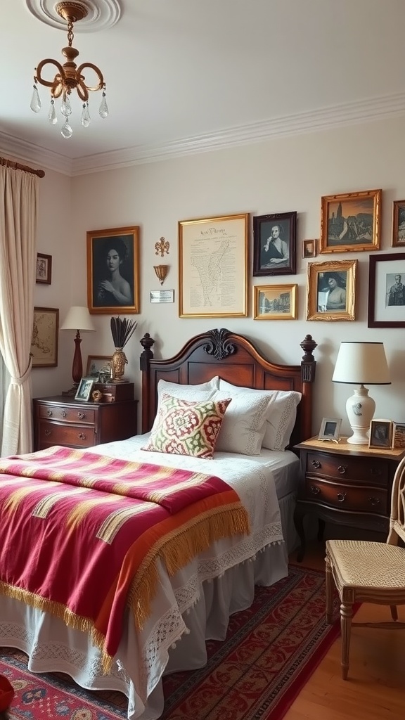 A cozy French style bedroom featuring wooden furniture, colorful textiles, and framed art on the walls.