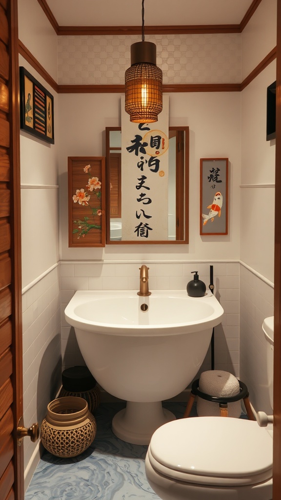 A cozy Japanese bathroom featuring traditional decor, natural materials, and calming colors.