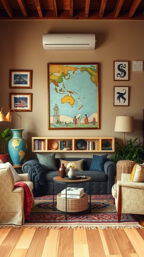 A cozy mobile home living room featuring a large world map, colorful decor, and travel-themed elements.