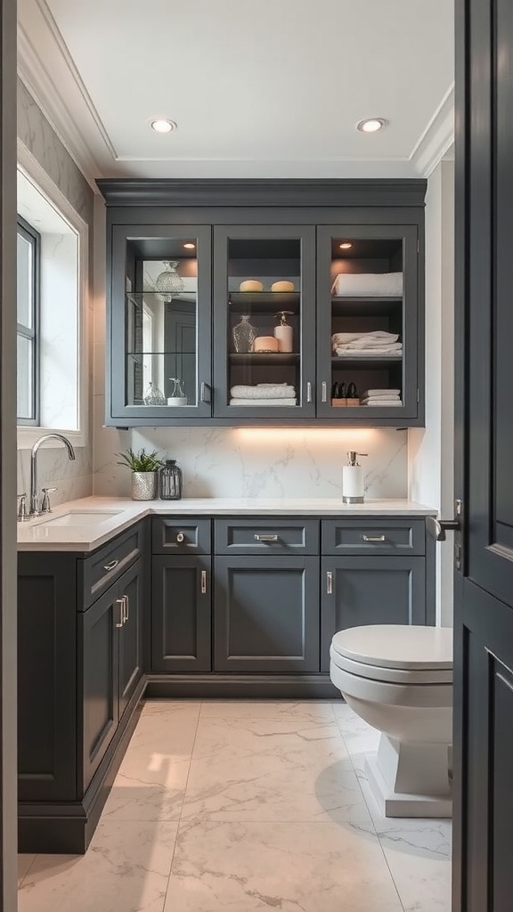 A stylish ensuite bathroom with dark custom cabinetry, a marble countertop, and modern lighting