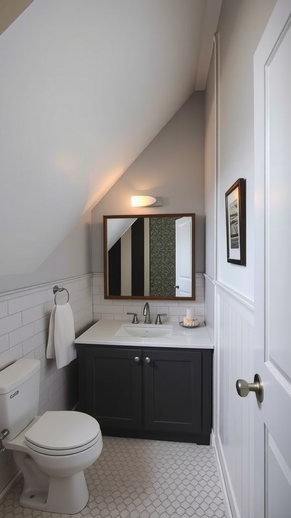 Small bathroom with slanted ceiling featuring custom cabinetry and light decor.