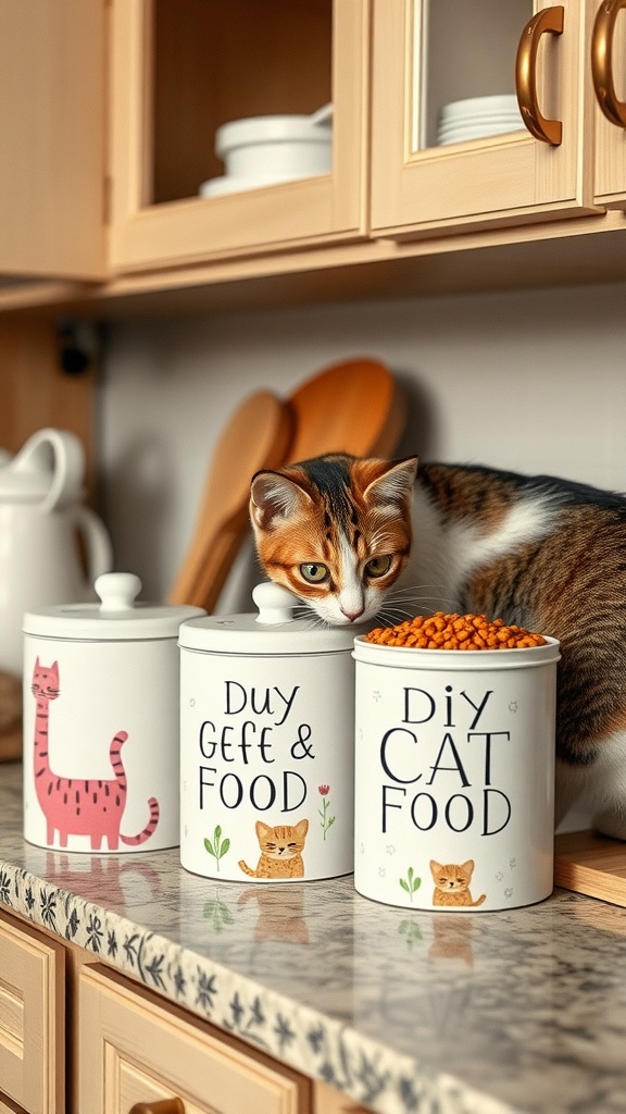 Three custom painted cat food canisters on a kitchen counter, with a cat nearby.