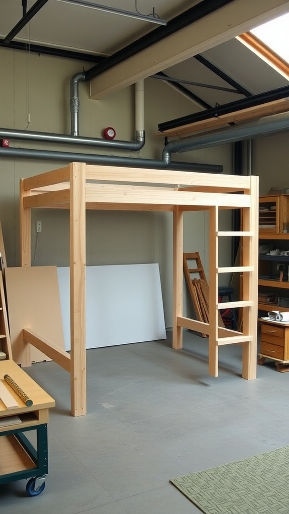 A customizable loft bed frame made of wood, showcasing a simple design with a ladder and open space underneath