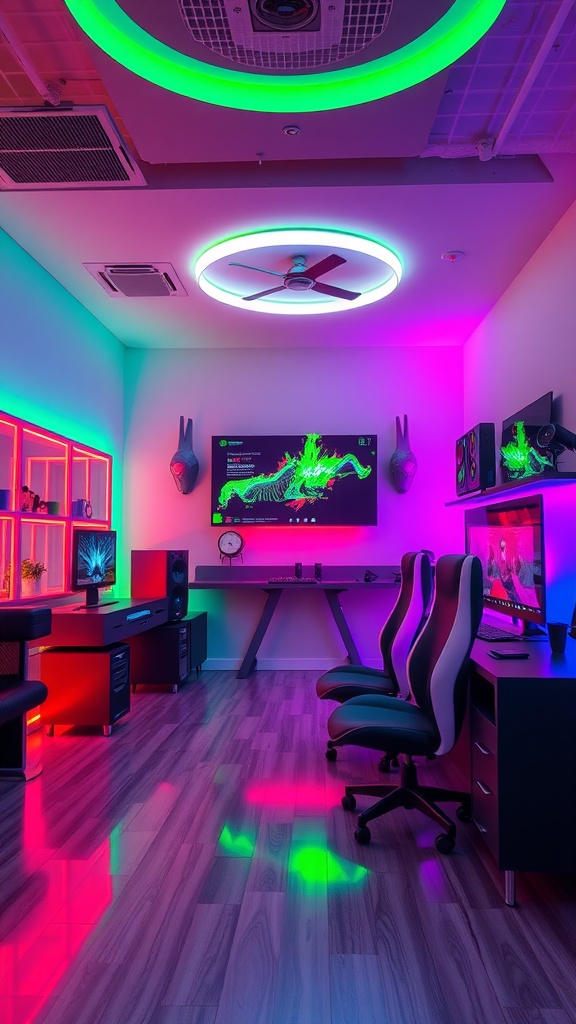 A colorful gaming room setup featuring customizable RGB lighting, dual gaming chairs, and modern decor.