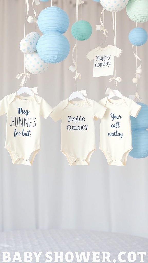 Customized baby onesies with playful phrases hanging from colorful lanterns for a baby shower decoration.