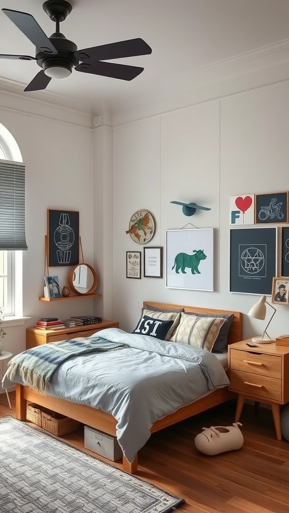 A stylish male bedroom featuring a neatly made bed, decorative pillows, framed art on the walls, a ceiling fan, and organized storage.