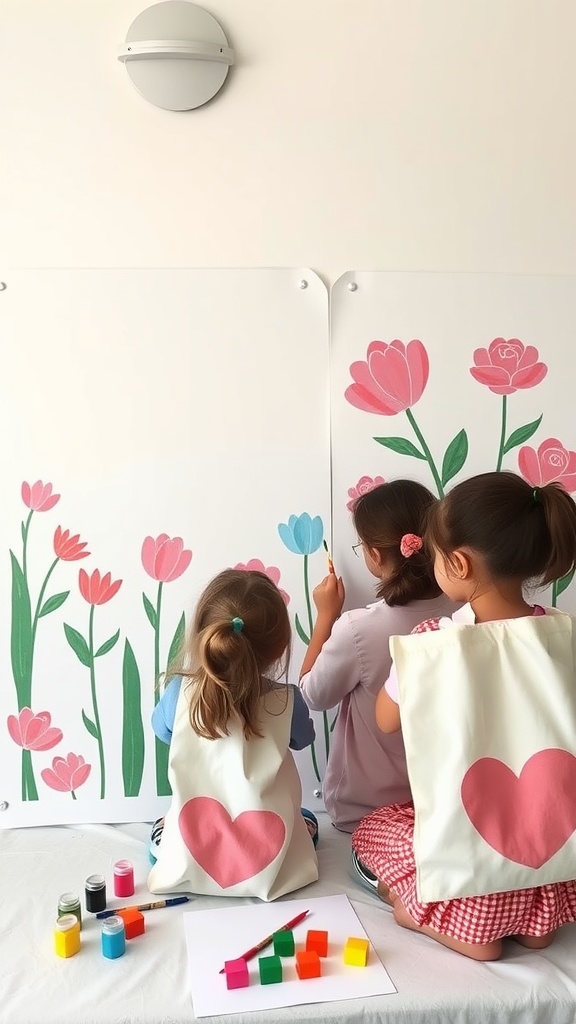 Children painting flowers on a canvas while wearing customized tote bags