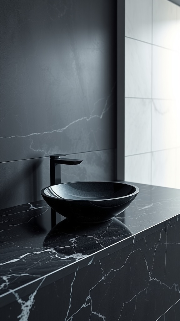 A dark marble countertop with a black vessel sink in a modern bathroom setting.