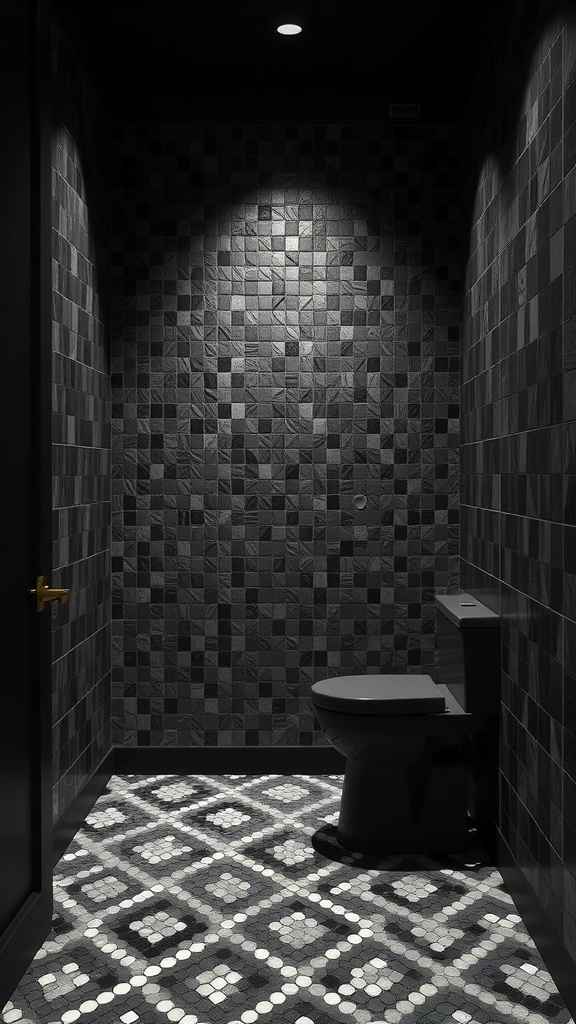 A dark bathroom with mosaic tiles on the walls and patterned tiles on the floor, featuring focused lighting.