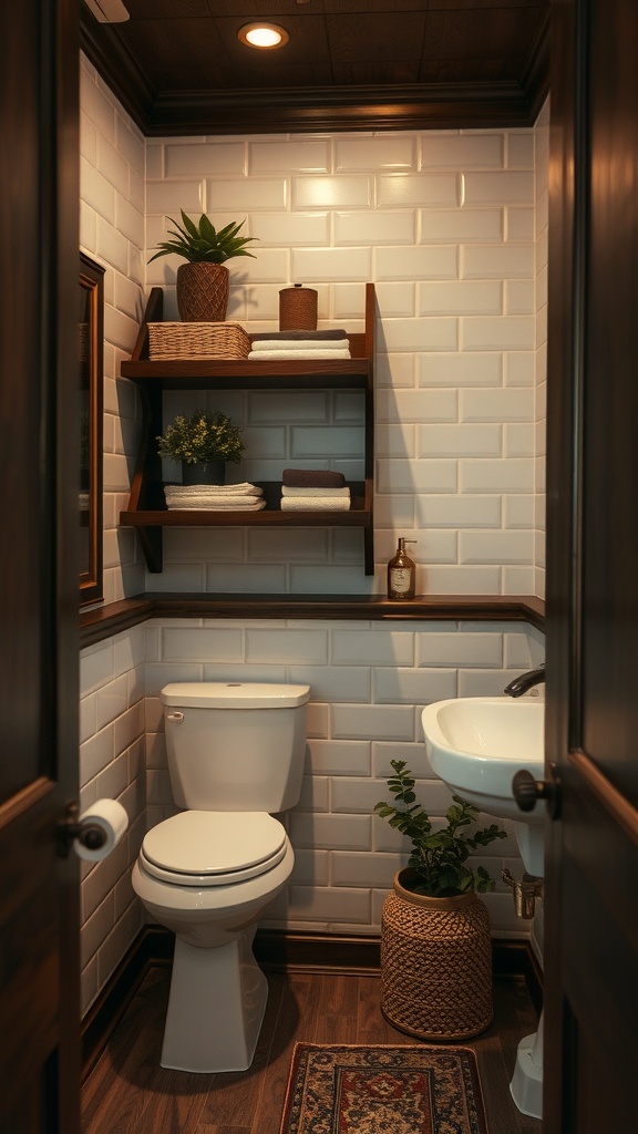 Small bathroom with dark wood accents, white tile walls, and plants