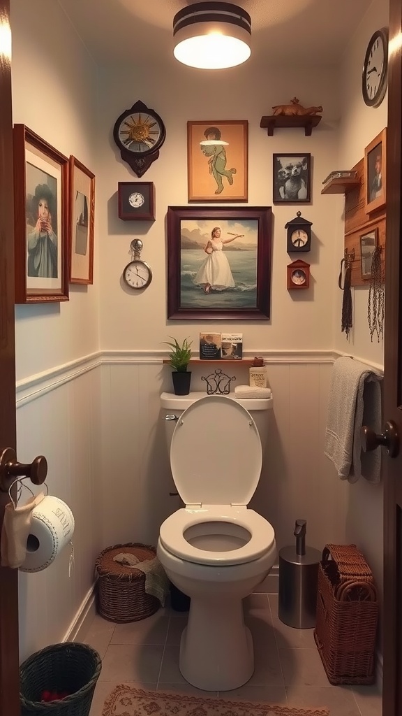 A cozy small toilet room decorated with various framed artworks, clocks, and a small plant.