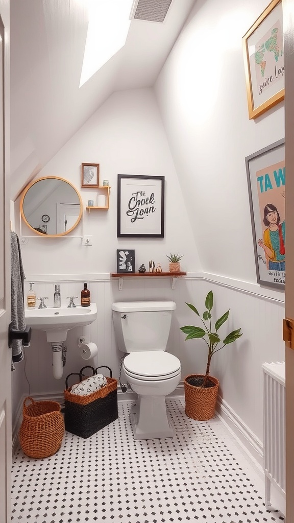 A small bathroom with a slanted ceiling featuring a circular mirror, framed artwork, and decorative storage baskets.