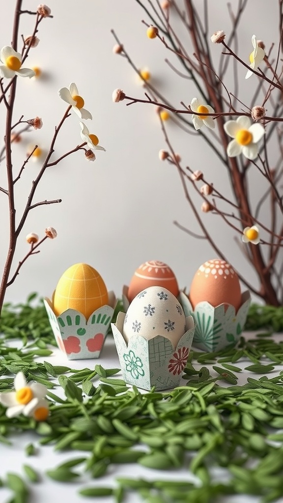 Colorful decorative Easter egg holders with eggs in a natural setting