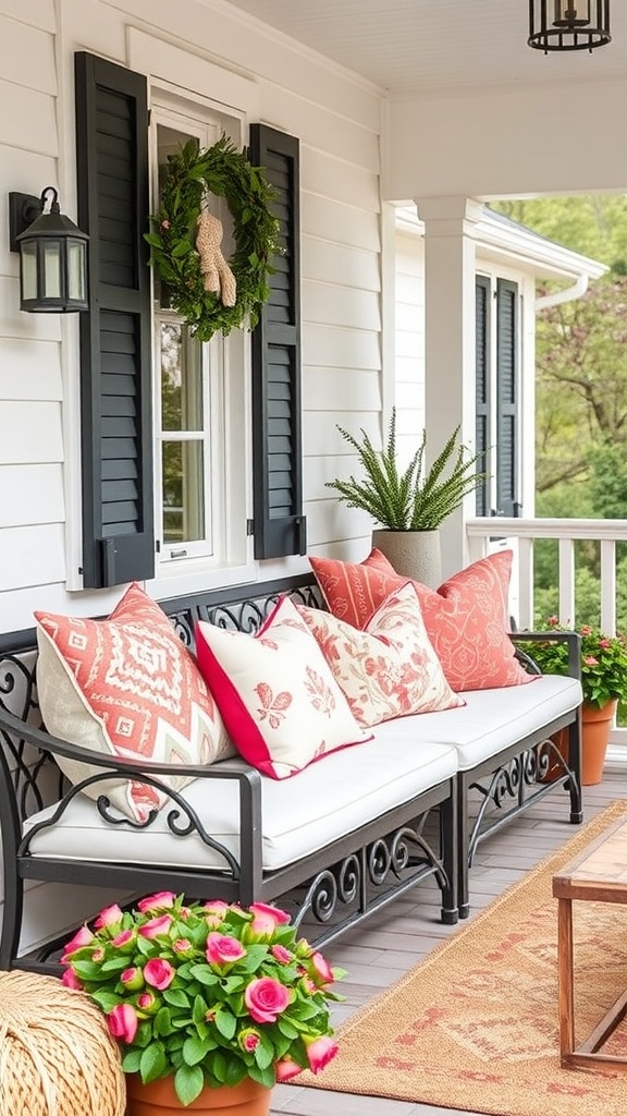 Cozy front porch with decorative pillows on a black bench, surrounded by plants and a wreath