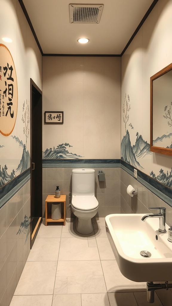 A bathroom featuring Sumi-e art on the walls, showcasing mountains and waves, with a modern toilet and sink.