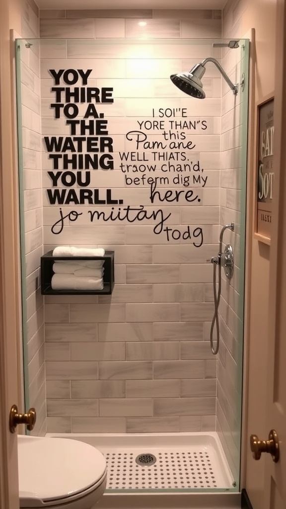 Decorative wall art in a small shower area