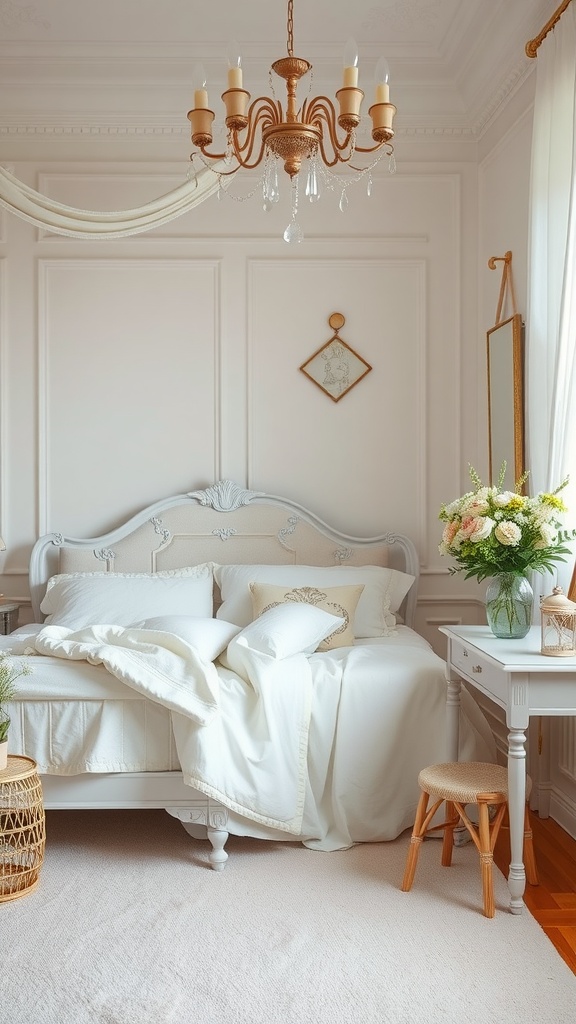 A French-style bedroom featuring a floral arrangement, soft bedding, and elegant decor.