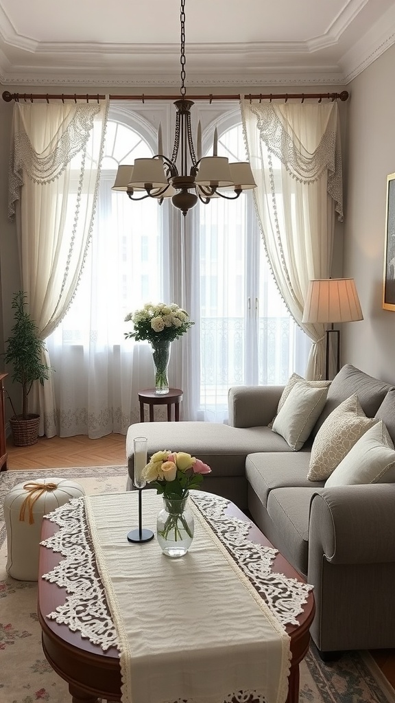 A cozy living room with lace curtains, a lace table runner, and a floral arrangement, all contributing to a cottagecore aesthetic.