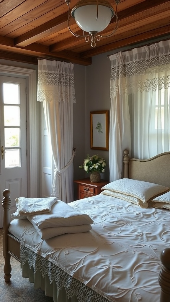 A cozy French cottage bedroom featuring lace curtains, a neatly made bed with lace accents, and wooden ceiling beams.