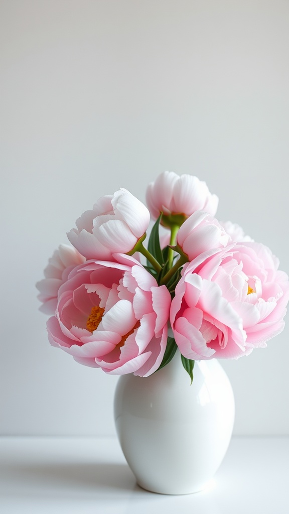 A delicate arrangement of pink peonies in a white vase