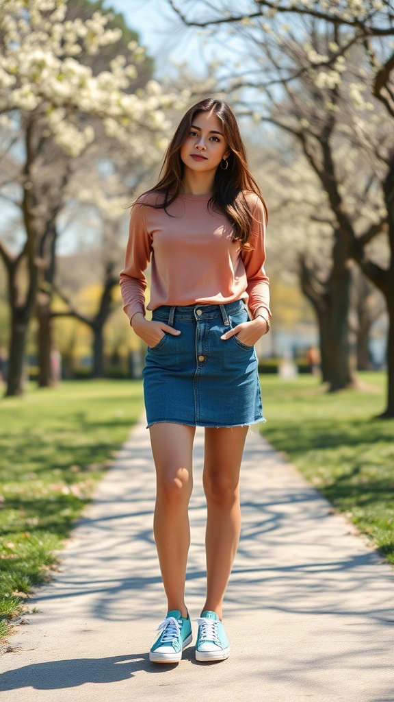 A model in a denim skirt and long sleeve top, standing on a path surrounded by trees in bloom.