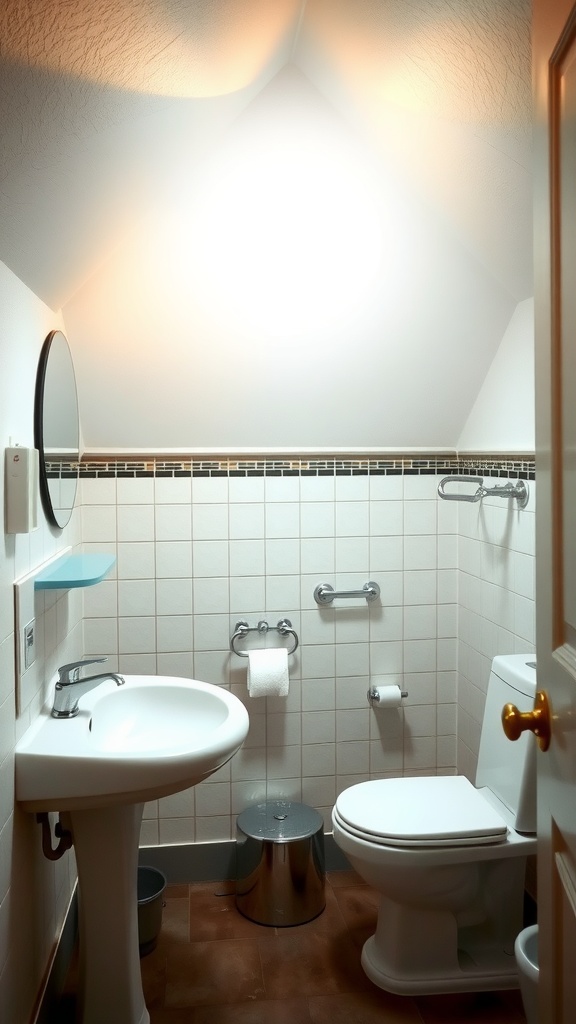 Small bathroom with slanted ceiling featuring a sink, toilet, and mirror.