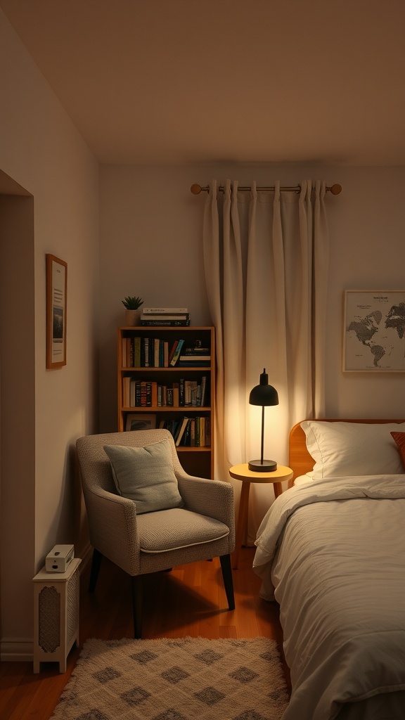 A cozy reading nook in a small shared bedroom featuring a comfortable chair, a side table with a lamp, and a bookshelf filled with books.