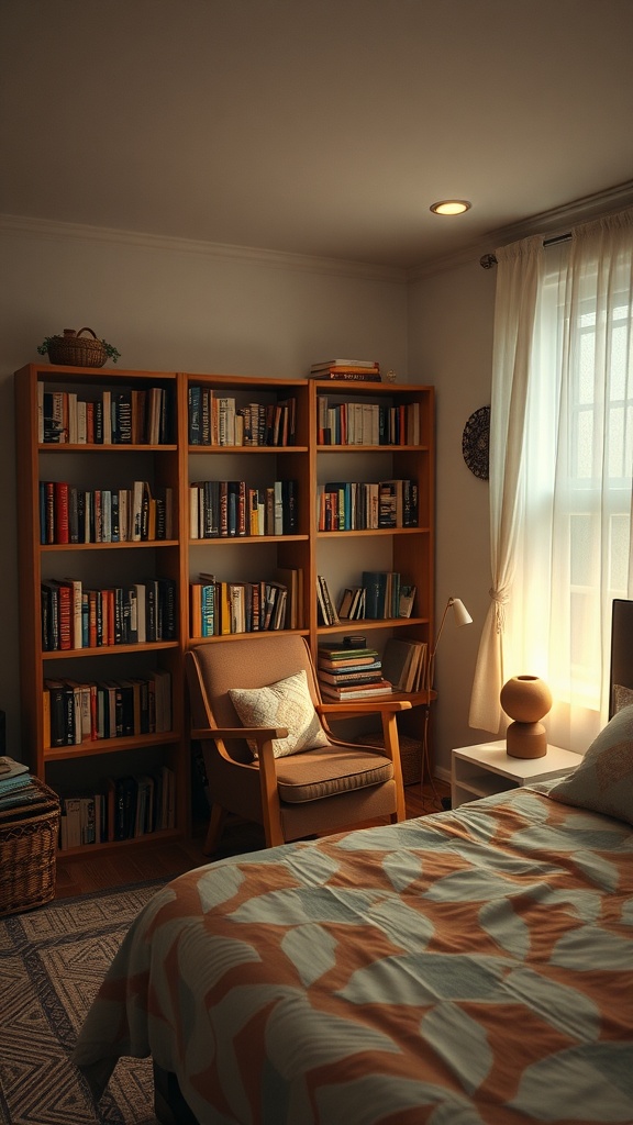 Cozy reading nook in a small bedroom with a bookshelf, chair, and warm lighting.