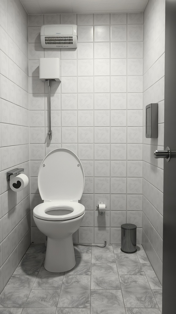 A small, accessible toilet room with light tiles and basic amenities.