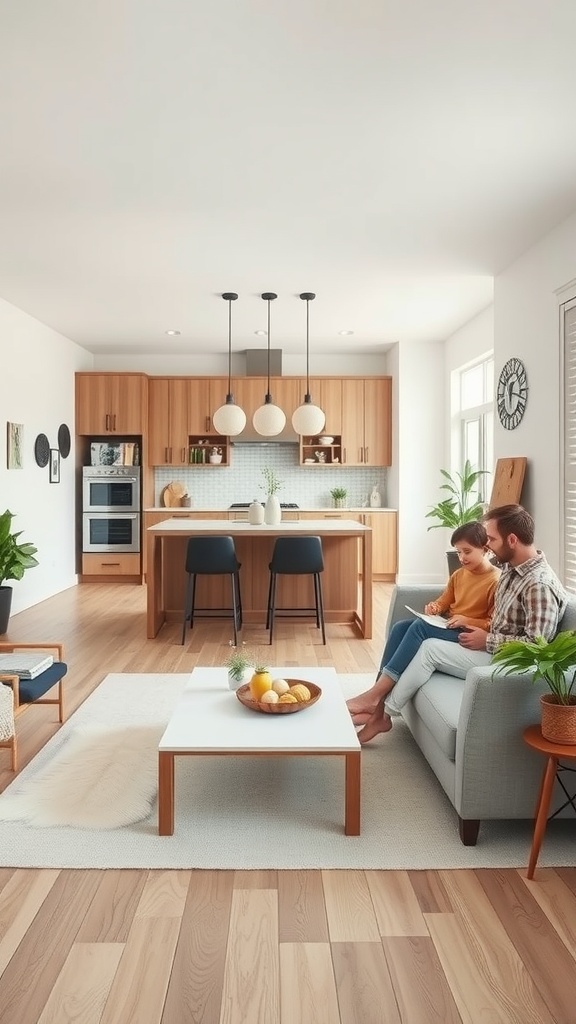 A cozy living room and kitchen space with a couple sitting on a sofa, enjoying their time together.