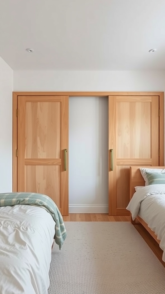 A shared bedroom with two beds and sliding wooden doors in the center.